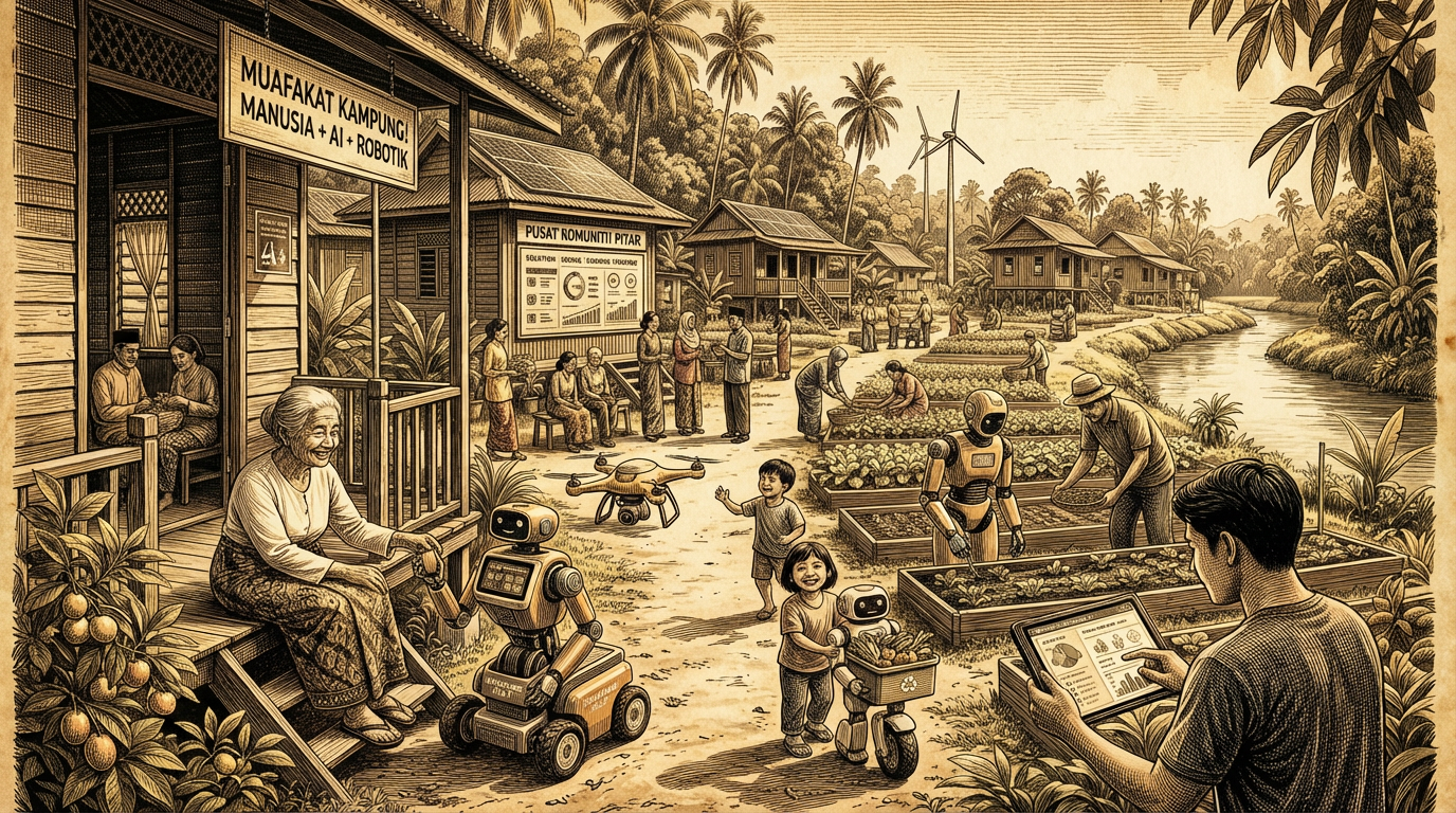 A kampung community where humans, AI robots and nature coexist